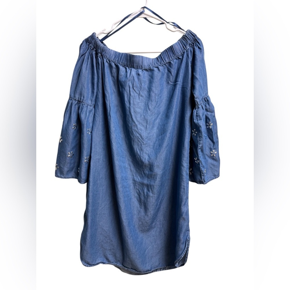 Michael Kors Off Shoulder Chambray Dress M Blue Lyocell Silver Floral Sleeve